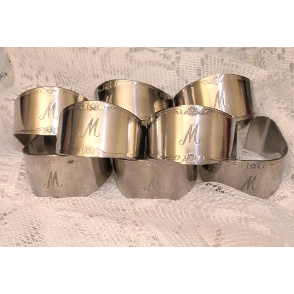 Vtg Customcraft Stainless Steel Engraved Floral Monogram M Napkin Rings Set of 8